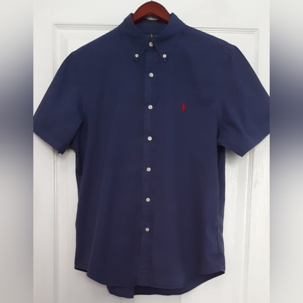 Ralph Lauren Men's, short sleeve shirt, size L, navy blue, red polo horse logo.